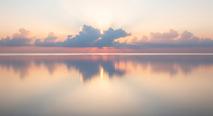 Fototapeta premium Sun rays burst through clouds over a calm ocean at sunrise or sunset