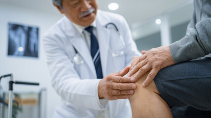 Obraz premium 高齢男性患者の膝を検査する整形外科医