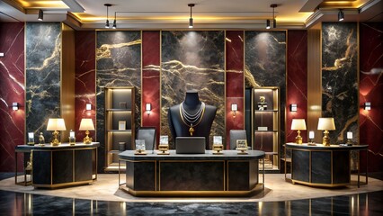 A luxury jewelry store interior with elegant displays and marble accents