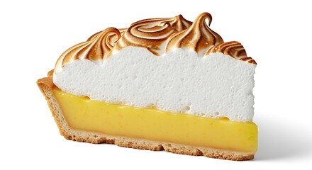 A delectable slice of lemon meringue pie, showcasing a fluffy meringue topping and tangy lemon curd filling.