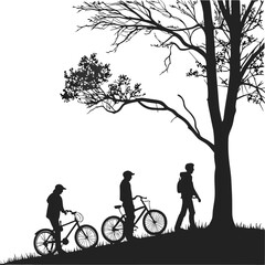 Obraz premium Family silhouette cycling in park at sunset, enjoying summer recreation on bikes