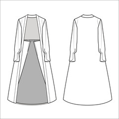 Women Abaya, Long Shirred Puff Sleeves Maxi Dress Front and Back View. Fashion Illustration, Vector, CAD, Technical Drawing, Flat Drawing, Template, Mockup.