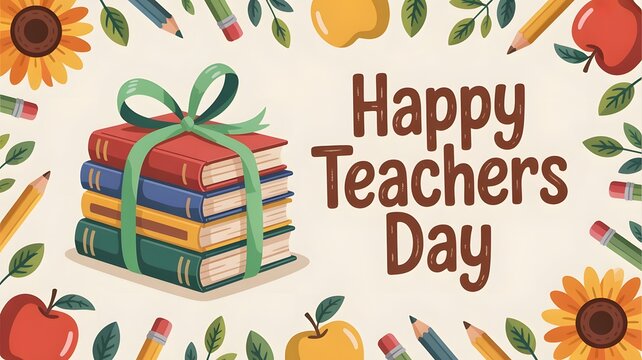 Happy Teacher's Day Greeting Card Image with Books and School Supplies