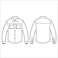 Oversized Shacket- Technical fashion illustration. Front and back, white colour. Unisex CAD mock-up