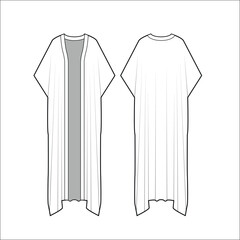 Women Abaya, Long Shirred Puff Sleeves Maxi Dress Front and Back View. Fashion Illustration, Vector, CAD, Technical Drawing, Flat Drawing, Template, Mockup.