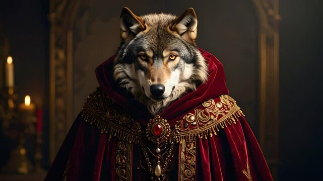 Majestic wolf dressed as a king and queen in regal attire amidst a fantasy landscape scene