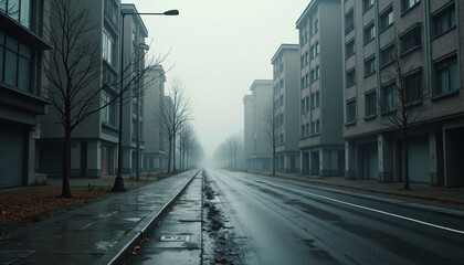 Gloomy cityscape shrouded in fog, showcasing architecture and a desolate atmosphere