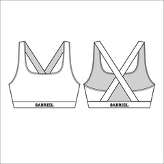 Activewear sports bra flat sketch with cross back straps, racer front, contour paneling, technical fashion drawing, vector CAD illustration