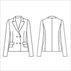 Women's double breasted blazer coat flat sketch fashion illustration front and back view, Work wear double breasted coat suit with button technical drawing vector template. Formal wear coat.