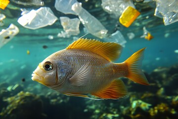 Fototapeta premium Goldfish swims amidst a sea of floating plastic debris, illustrating the pervasive pollution and its threat to aquatic life