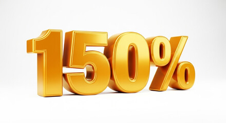 3D illustration of large golden 150% text isolated on white. Discount and promotion concept