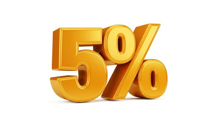 3D illustration of large golden 5% text isolated on white. Discount and promotion concept