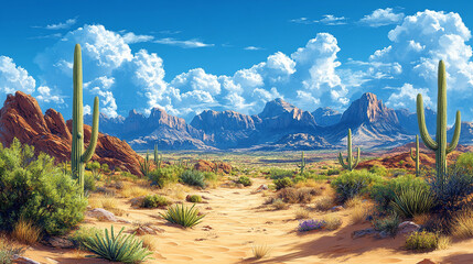 Desert trail through cacti towards mountains under cloudy sky