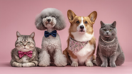 男性猫と犬がバンダナや蝶ネクタイで並ぶ写真