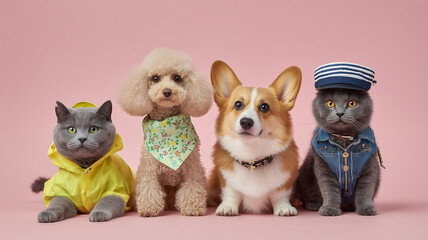 男性猫と犬がレインコートやベスト着る集合写真
