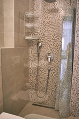 Modern bathroom shower with mosaic tiles and stainless steel fixtures