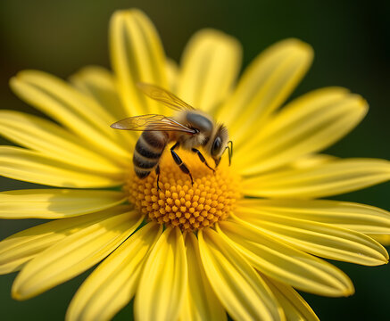Close up shows a bee gathering pollen from the vibrant petals of a bright yellow daisy, highlighting pollination, nature, and the beauty of insects in a garden setting.