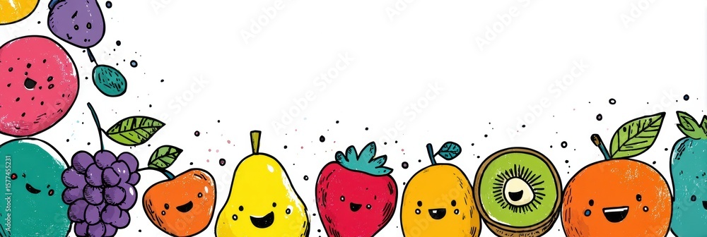 Poster smiling fruits enjoying a sunny day in a cheerful childrens drawing style with playful characters an