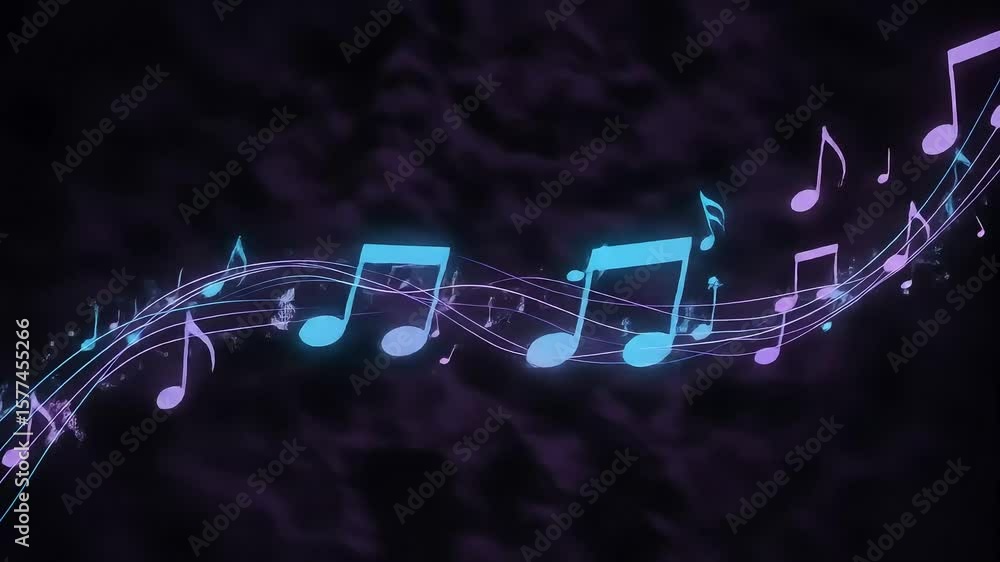 Poster vibrant musical notes flowing through a dark abstract background, creating a dynamic atmosphere