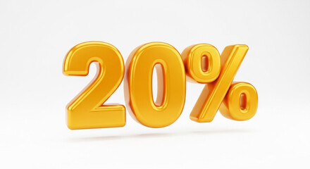 3D illustration of large golden 20% text isolated on white. Discount and promotion concept
