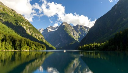 Fototapeta premium Serene mountain lake reflects towering peaks under a blue sky, with a lone boat adding to the peaceful, picturesque panorama.