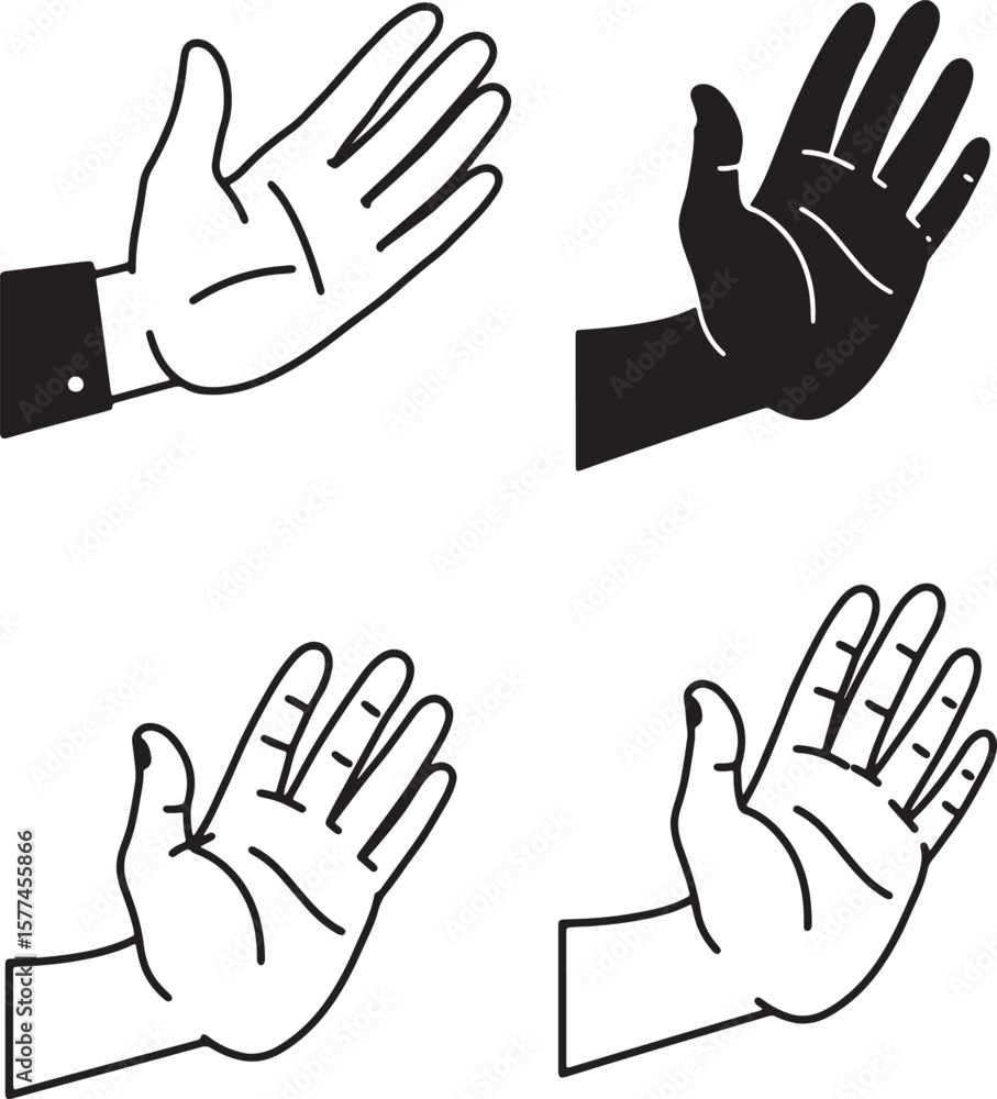 Poster simple vector illustrations of four different hands palms open with different styles in design