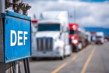Diesel Exhaust Fluid DEF Sign at Truck Stop with Trucks in Background