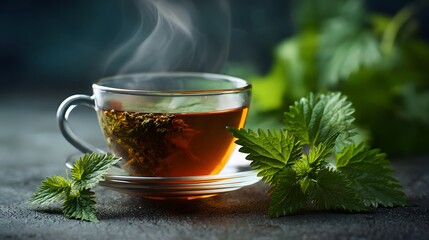 Exquisitely Rendered Close-Up of a Delicate Nettle Tea Cup Enriched by Artistic Fresh and Dried Foliage Creating a Vibrant Natural Refreshment