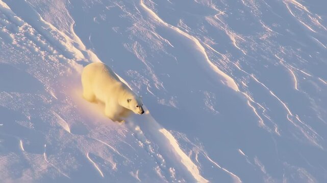 Polar Bear Walking on Snow with Aerial View, and Arctic Landscape.