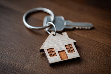Closemouthed - up of a house - shaped key on a keyring , symbolizing homeownership and security .