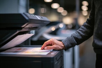 Secretive - up of a person scanning a document using a modern office printer in a brightly lit environment .