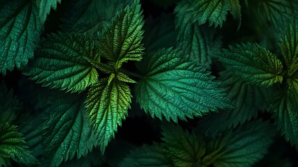Artistic Capture of Lush Stinging Nettle Foliage Portraying Detailed and Vibrant Green Textural Background