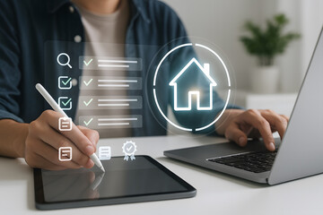 Person Using Tablet and Laptop with Home Checklist Overlay