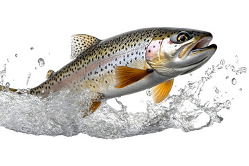 Fish rainbow trout jumping out of water isolated on white background