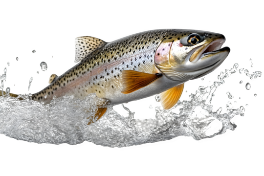 Fish rainbow trout jumping out of water isolated on white background