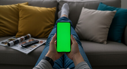 Person Holding Green Screen Smartphone Mockup While Relaxing on Sofa 1 | JPG File