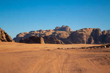 Panoramic view of rock formation at Wadi Rum, Jordan
