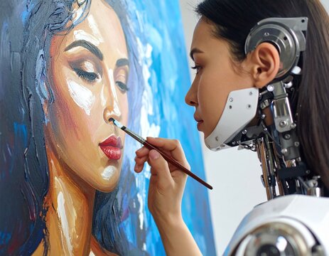A robot arm painting an emotional human portrait. AI creativity and the future of art concept