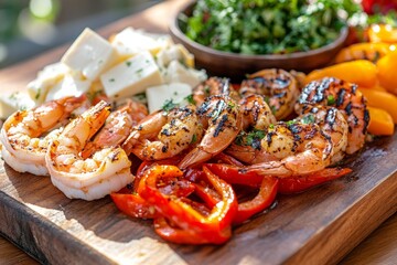 Grilled shrimp and vegetables with cheese and salad on wooden platter