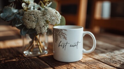 Cozy rustic morning with "best aunt" mug and dried flowers on wooden table