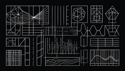 Abstract White Line Art Geometric Shapes Patterns Collage Black Background Design Element