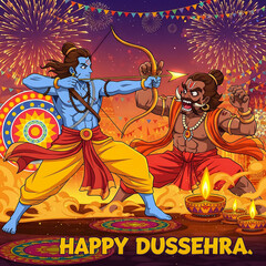 Lord rama battles ravana with fireworks and diyas