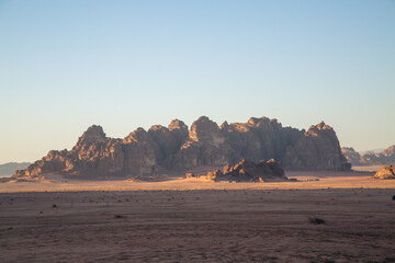 Panoramic view of rock formation during sunset at Wadi Rum, Jordan