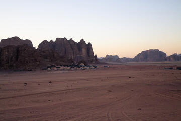 Panoramic view of rock formation during sunset at Wadi Rum, Jordan
