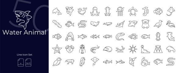 Water Animal Line Editable Icons set. Vector illustration in modern thin line style of Water Animal icons: underwater,shark,dolphin, etc