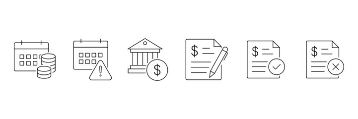 Loan and financing line icon set. Includes approval, interest rate, repayment, mortgage, agreement, penalty, rejection, calculator, credit score and credit score. Vector illustration.