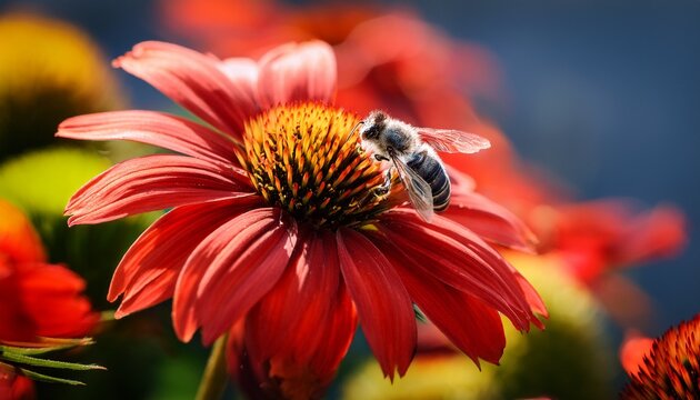 bee pollinating red flower - Powered by Adobe