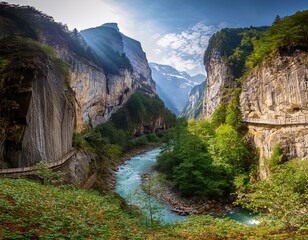 the stunning beauty of the aare gorge with its narrow winding path and towering cliffs on either side