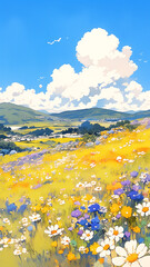 Obraz premium 広大な草原に咲き誇る花と爽やかな青空・雲の形・風の流れ・自然の美しさ・カラフルな花・心が解き放たれる風景・田舎の午後・リラックス