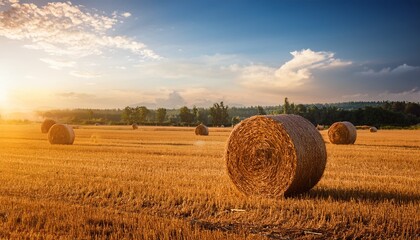 straw rolls in meadow beautiful landscape in the late afternoon in agricultural field hay bale close up